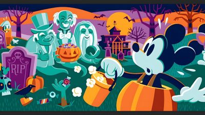the mickey mouse halloween scene is depicted in an animated style with pumpkins and tombstones Disney Halloween Desktop Disney Halloween Pc, Disney Halloween Zoom Background, Disney Computer, dim gray
