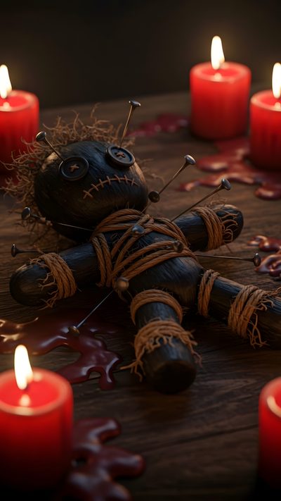 a voodoo doll sitting on top of a table next to candles Halloween Voodoo Doll Spooky Voodoo, Voodoo, Voodoo Background, Voodoo Magic Aesthetic, black
