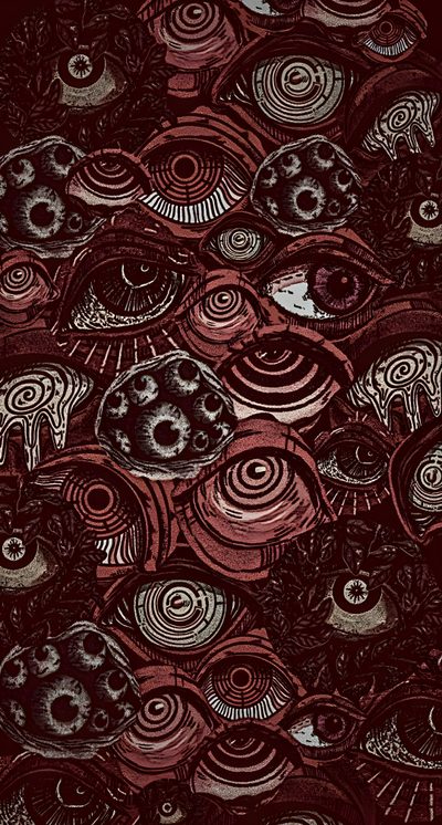 an image of many different types of fish in red and black colors on a dark background Eyeball Halloween Phone Color, Disturbing, Interesting Backgrounds, Meat Core, Phone Horror, black