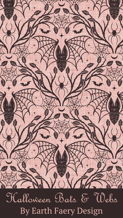 halloween bats and webs by earth fairy design on the cover of an adult coloring book Vintage Bats For Halloween Fabric And Bats And Spiders Fabric, Halloween Pattern, Spooky Pattern, light pink