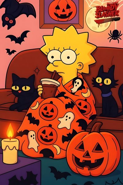 the simpsons is sitting in front of halloween decorations and pumpkins, with two black cats nearby Simpsons Halloween Iphone Vintage Halloween Images, Halloween Backgrounds, Halloween Cute, saddle brown