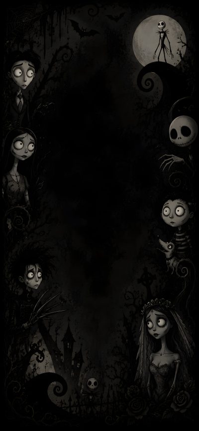 a black and white photo with some creepy faces Halloween Iphone Tim Burton Horror Background, Aesthetic Dark Phone, Halloween Iphone Lock Screen, black