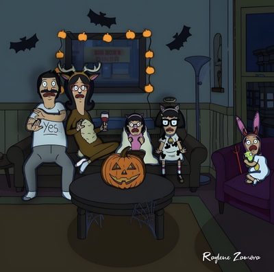 the family is dressed up for halloween in their living room with pumpkins on the coffee table Bobs Burger Halloween Bobs Burgers Pumpkin, Bobs Burgers Halloween, Bobs Burgers Beetlejuice, dark slate gray