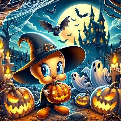 a cartoon cat wearing a witches hat and holding a pumpkin in front of a graveyard Tweety Bird Halloween Tweety Bird Drawing, Cute For Android, Family Plan, Halloween Printables, dim gray