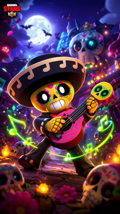 a cartoon character holding a guitar and wearing a sombrero with skulls in the background Brawl Stars Halloween Stars, Pure Products, dark slate gray