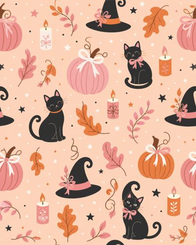 halloween seamless pattern with black cats and pumpkins on pink background, illustration for wallpaper or fabric design Halloween Kawaii Cute Black Cat Halloween Cat, Black Cat Halloween, Black Cat, Halloween, peach puff