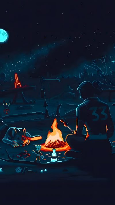 two people sitting around a campfire at night Halloween Pixel Art Gif Pixel Art Desert Night Scene, 8 Bit Animated, Pixel Art Camping Scene, black