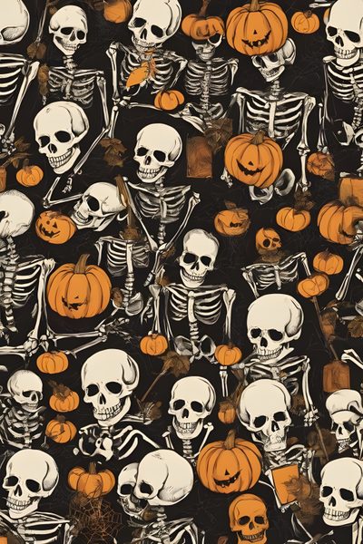 a bunch of skulls and pumpkins on a black background with orange highlights in the middle Aesthetic Halloween Elements Halloween Background Aesthetic, Halloween Aesthetic Vintage, Classic Halloween, dark olive green