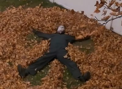 a man laying on the ground covered in leaves Funny Halloween Computer Autumn Reaction Pics, Pfp Michael Myers, Michael Myers Meme, saddle brown