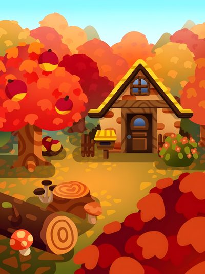 a house in the woods surrounded by trees and leaves with fall colors on it's foliage Animal Crossing Halloween Acnh Fall, Cozy Animal Crossing, Animal Crossing Fall Background, chocolate