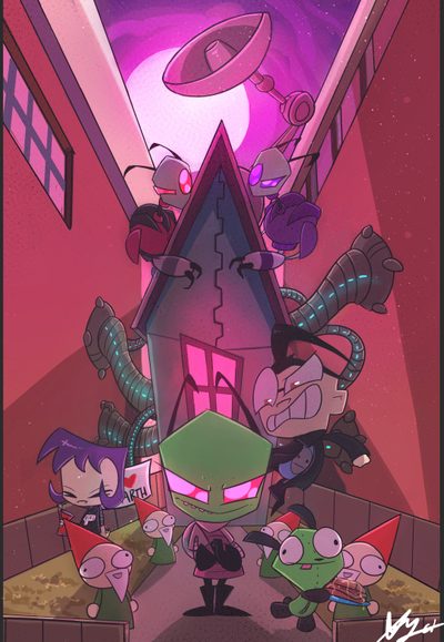 an image of some cartoon characters in a room with pink lights and purple lighting on the ceiling Invader Zim Halloween Invader Zim Gir Doom, Invader Zim Aesthetic, Invader Zim Doom, sienna