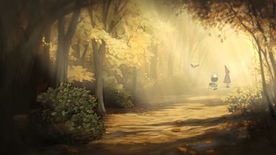 a painting of a path in the woods with sunbeams coming out from behind Halloween Over The Garden Wall Over The Garden Wall Cover Photo, Over The Garden Wall Gif, Over The Garden Wall 1920x1080, dark olive green