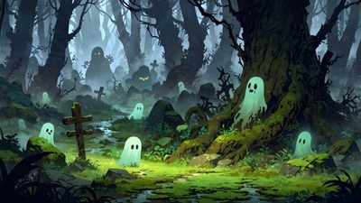 a forest with lots of tombstones in it Halloween Ghost Tree Haunted Woods, Pumpkin, Cute Halloween Decorations, Haunted Forest, dark slate gray