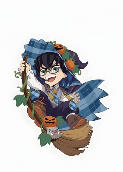 an anime character is sitting on top of a broom and holding a jack - o'- lantern Inosuke Halloween Demon Slayer Halloween Inosuke, Halloween Inosuke, Demon Slayer Christmas Inosuke, white smoke