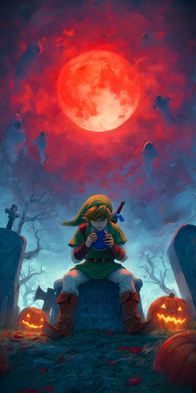 the legend of zelda sitting on top of a grave in front of a full moon Legend Of Zelda Halloween Zelda Video Games, Legend Of Zelda Halloween, Cellphone, dark slate gray