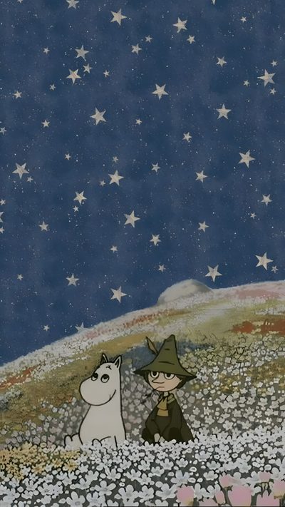 an image of two animals in the middle of a field with stars and flowers on it Moomin Halloween Moomin Christmas, Moomin Background, Phone Art, Cottagecore, Moomin Hd, dark slate gray