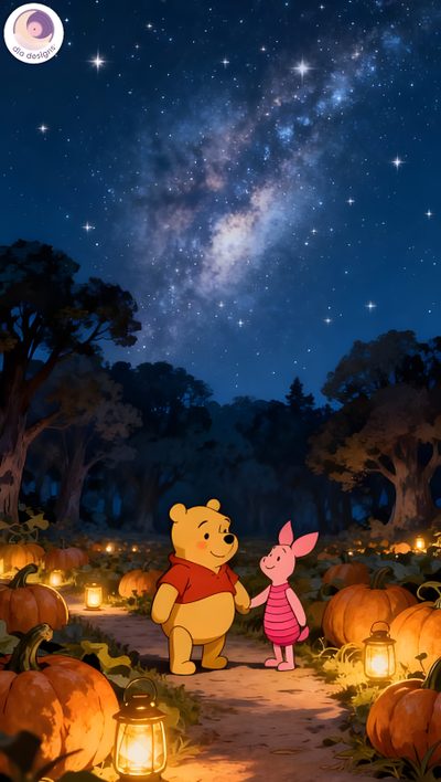 winnie the pooh and piglet are standing in front of pumpkins at night Disney Halloween Winnie The Pooh Movie, Winnie The Pooh Night, Cute Images With Quotes, dark slate gray