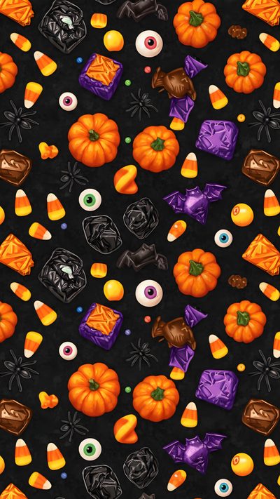 an image of halloween candy and candies on a black background with orange, purple, and green decorations Halloween Candy For Walls Halloween Pattern Iphone, Halloween Candy Corn, Candy Corn Hd, Halloween Food, black