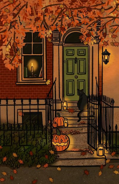 a painting of a house with pumpkins on the steps and a cat sitting outside Nostalgic Halloween Iphone Yankee Candles, Vintage Halloween Art, Image Halloween, saddle brown