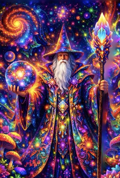 a wizard holding a wand in his hand and surrounded by colorful flowers, stars and swirls Merlin Wizard Halloween Rainbow Purple Wizard, Neon, Rainbow, Cloak, dark slate gray