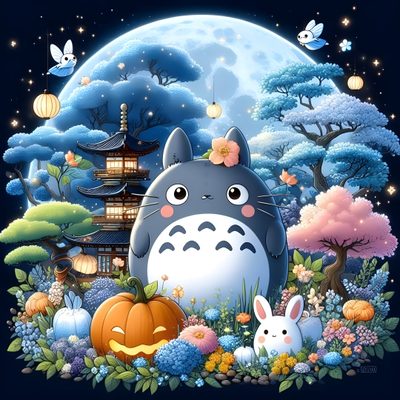 totoro and rabbit in front of a full moon with trees, bushes, flowers, and lanterns Totoro Halloween Totoro Pictures, My Neighbor Totoro Art Studio Ghibli, Halloween Totoro, dim gray