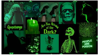 a collage of halloween images with green lights Green Halloween Desktop Green Halloween Theme, Dark Green Halloween, Green Halloween Aesthetic, black