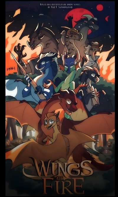 the movie poster for wings of fire with various cartoon characters on it's back Wings Of Fire Halloween Wings Of Fire Arc 1, Wings Of Fire Movie Poster, Wings Of Fire Cover, dark slate gray