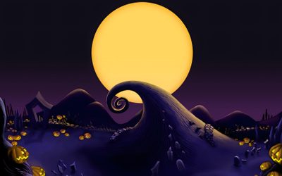 an animated halloween scene with pumpkins on the ground Halloween Jack Skellington Nightmare Before Christmas Sky, Nightmare Before Christmas Mountain, Nightmare Before Christmas Hills, black