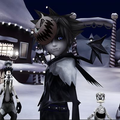 an animated character standing in the snow next to another character with long hair and blue eyes Sora Halloween Town 4k Kingdom Hearts Games, Kingdom Hearts 3, Halloween Town, Kingdom Hearts, dark slate gray