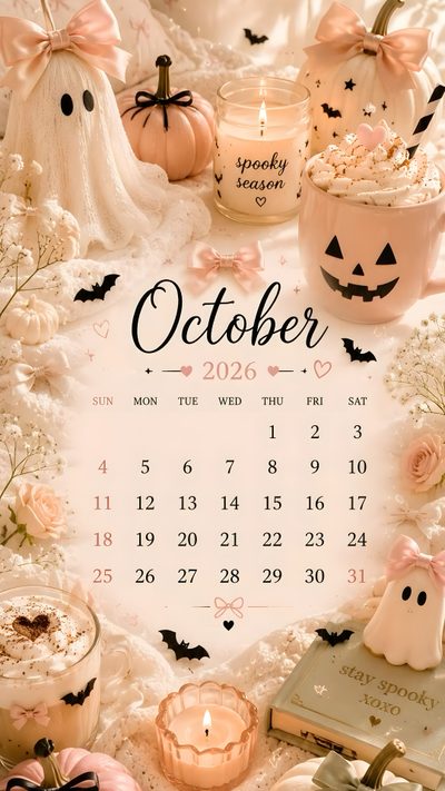 a calendar with candles and decorations on it October 2025 Calendar Halloween Iphone, Halloween, burlywood