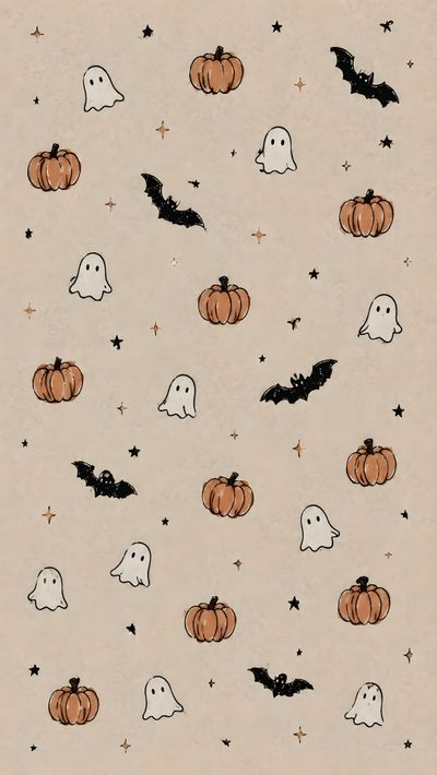 halloween wallpaper with pumpkins, ghost and stars on it's back ground Aesthetic Beige Halloween Background Aesthetic Halloween, Fall Home Screen, Charlie Brown Halloween, silver