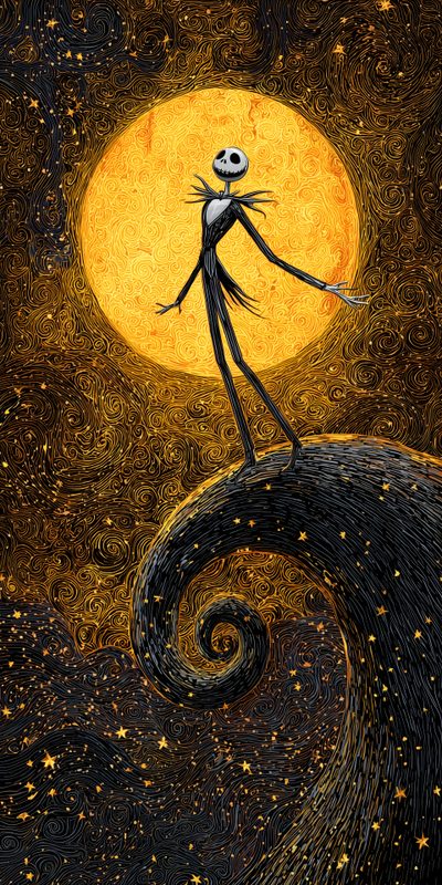 a painting of a skeleton standing on top of a wave in front of a full moon Cute Halloween Nightmare Before Christmas Tim Burton Jack Skellington, Nightmare Before Christmas, Halloween Artwork, black