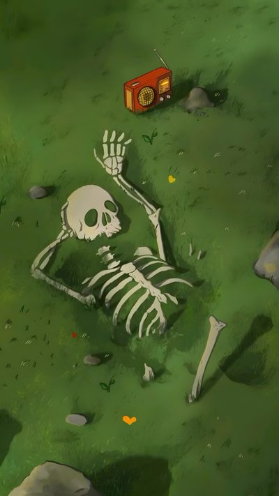 there is a skeleton laying on the ground next to a red box and some rocks Cute Halloween Skeleton Skeleton Illustration, Animes, Peace Illustration, dark olive green