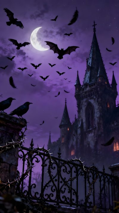 a castle with bats flying over it at night Halloween Purple Halloween Themed Background, Halloween Spooky, Apple Tablet, Gothic Theme, dark slate gray