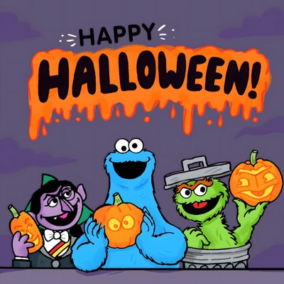 cartoon characters holding pumpkins with the words happy halloween Sesame Street Halloween Sesame Street Characters Halloween, Carebear Halloween, Care Bears Halloween, dim gray