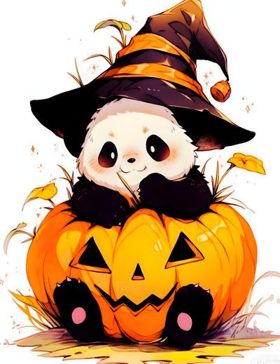 a panda bear sitting on top of a pumpkin Halloween Panda Cute Halloween Panda, Halloween Panda, Panda Pumpkin, Cute Halloween Panda Art, sandy brown