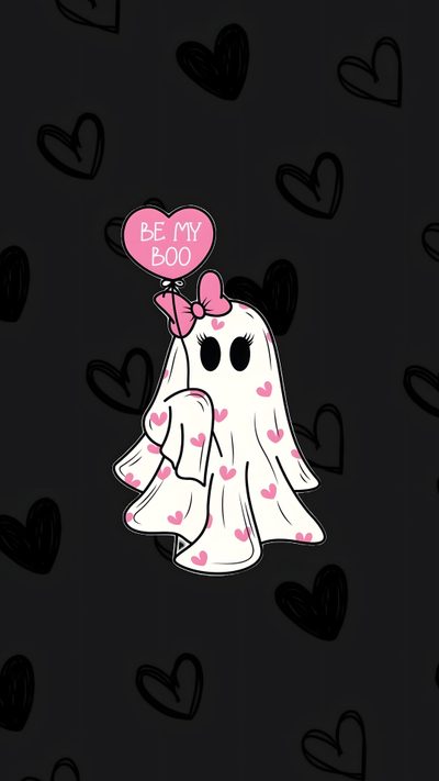 a black background with hearts and a ghost holding a heart shaped balloon in the air Halloween Valentines Cute Ghost Background, Halloween Valentines, Spooky Valentines Iphone, black
