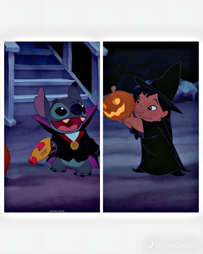 the animated characters are dressed up in costumes and holding pumpkins for trick or treat Matching Halloween For Best Friends Stitch Halloween Pfp, Lilo Halloween, Lilo And Stitch Halloween, dark slate blue