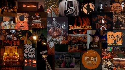 a collage of halloween images with pumpkins and jack - o'- lanterns Halloween Collage Chromebook Halloween For Computer, Halloween Ipad Aesthetic, Fall Halloween Ipad, black