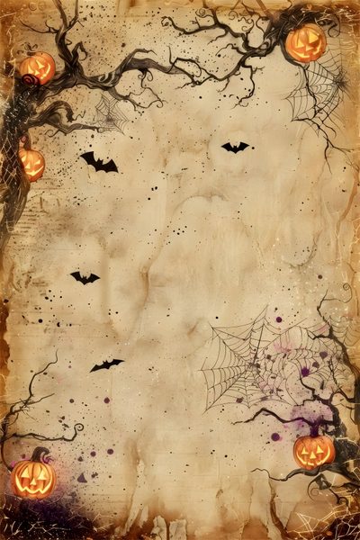 an old paper with pumpkins and spider web on the edges, in front of a spooky background Rustic Halloween Halloween Aesthetic Background, Background For Halloween, Halloween Design Ideas, tan