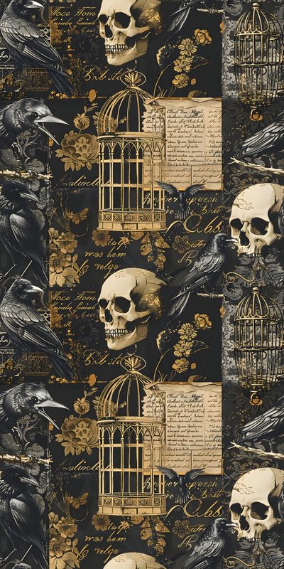 skulls and birds in cages on a black background with gold foiled paper that says, Halloween Spooky Grunge Custom Gothic Home Decor Inspiration, Gothic Skull, Halloween Decoration Ideas, dark slate gray