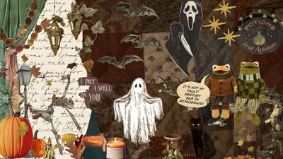 a collage of halloween images with ghost, pumpkins and other items on it Halloween Aesthetic 1920x1080 Halloween Ipad Horizontal, Halloween Backgrounds For Computer, Fall Pc, dark olive green