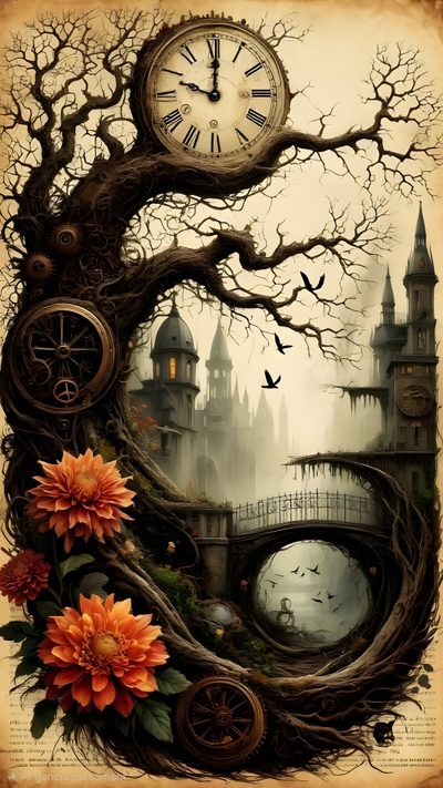 a painting of a tree with flowers and a clock Halloween Steampunk Steampunk Illustration, Halloween Iphone Backgrounds, Harry Potter Fondos De Pantalla, dark olive green