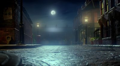 an empty street at night with the moon in the sky Wallace And Gromit Halloween Background Wallace And Gromit Background, Wallace And Gromit Moon, Wallace And Gromit Giant Rabbit, dark slate gray