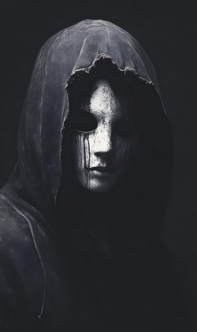 a person in a hooded jacket with makeup on Halloween Mask Mysterious Mask, Creepy Dark Aesthetic, Masked Hooded Figure, Hooded Figure With Mask, black