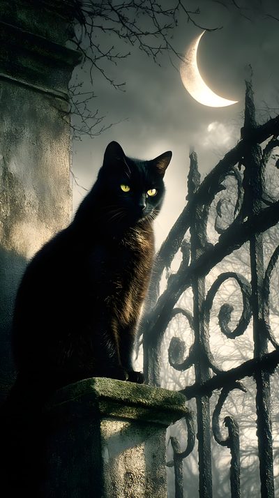 a black cat sitting on top of a stone wall next to a gate with a half moon in the background Creepy Black Cat Halloween Cat Art Illustration, Edgar Allen Poe Art, Halloween Pictures, dark slate gray