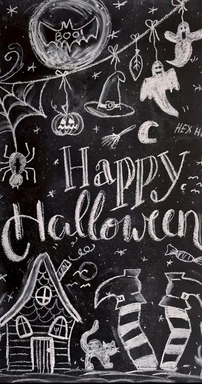 a chalkboard with the words happy halloween written on it Halloween Chalkboard Chalkboard Inspiration, Halloween Poster Board Ideas, Halloween Board Art, dark slate gray