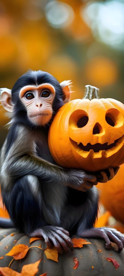 a monkey holding a jack - o'- lantern on top of an orange pumpkin Halloween Monkey Animals For Halloween, Halloween Monkey, Monkey In Costume, Monkeys In Costumes, saddle brown