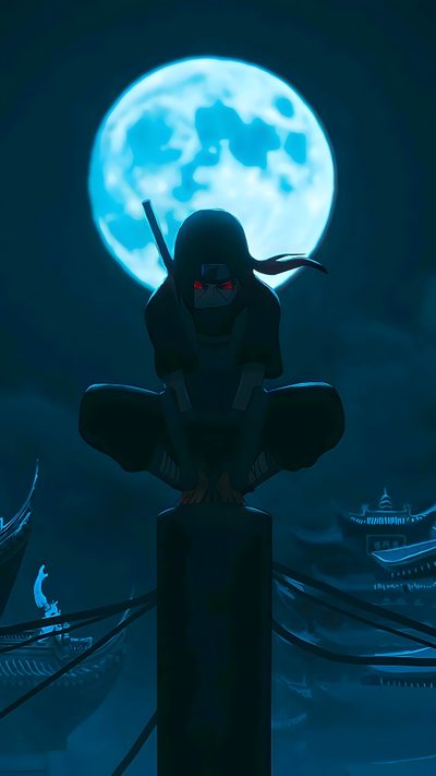 a person standing on top of a pole in front of a full moon and sky Itachi Uchiha Halloween 1080p Itachi, Itachi Iphone, Iphone Itachi, Itachi 4k, dark slate gray