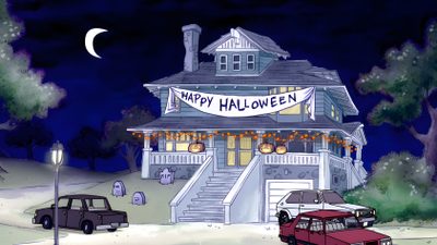 two cars are parked in front of a house decorated for halloween Regular Show Halloween Regular Show House Layout, Regular Show Town, Regular Show Halloween, dark slate gray
